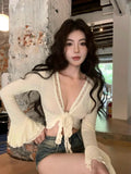 GETADME 2025 Streetwear Hollow Out Sexy Cardigan Y2k Aesthetic Slim Fit Bandage Grunge Cardigans Women Flare Sleeve Harajuku Crop Coats