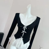 GETADME 가을 여성 한국식 코켓 갸루 디자인 Y2K 투피스 세트 티셔츠 긴팔 티셔츠 발레 코어 크롭 탑 2000년대 미학 K팝