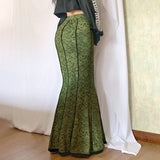 GETADME Darlingaga Vintage Fashion Elegant Green Trumpet Long Skirt Graphic Printed Lace Trim Y2K High Waist Skirt Women 2000s Aesthetic