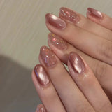 GETADME 24Pcs Short Oval Head Blush Pink Press on Nails with Simple Designs Almond Nails Wearable Acrylic Full Cover Nail Tips with Glue