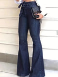GETADME Ladies Deep Blue High Waist Bell Bottom Jeans Elastic Stretch Leg Lengthening Belted Waist