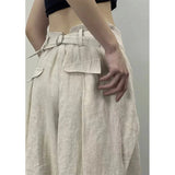 GETADME Streetwear Wide Leg Pants Women Fashion Pleated Linen Baggy Pants Summer Korean High Waist Casual Design Straight Trousers New