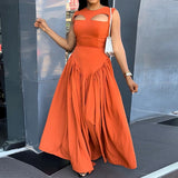 GETADME Women O Neck Summer Sleevelss Cut Out Low Waist Elegant Holiday Party Pleated A Line Sundress Chic Elastic Femme Maxi Robe