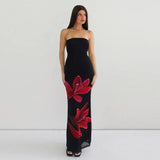 GETADME Laxsesu Mesh Flower Print Strapless Backless Lace Up Sexy Elegant Bodycon Maxi Prom Dress Women Y2K Outfit Party Beach Christmas
