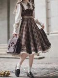 GETADME Fake Two-Piece Dress for Women Long Skirt Slim Fit Waist Cinching Vintage Lolita Plaid Bow New Korean Style Fashion Winter 2025
