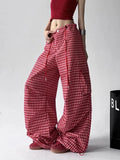GETADME Summer Wide Leg Pants Women Red Plaid Loose Casual Streetwear Lace Up Trouser Vintage Lazy Wind Sports Straight Sweatpants New