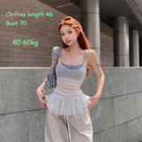 GETADME Women's Mesh Perspective Suspender Plain Sleeveless Ruffle Edge Short Style Tops Light Gray Backless Delicate Strappy Vest Tops