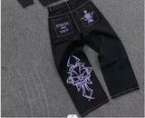 GETADME Streetwear Vintage Jeans Y2K Clothes Womens Vintage Pocket Sequin Washed Blue Baggy Jeans Mid Rise Slim Fit Trousers