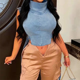 GETADME High Street Clubwear Denim Top Ladies Turtleneck Sleeveless Buckle Hollow Out Lace Up Femme Slim Fashion Trendy T-shirts 2025