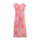 GETADME TRAFZA 여성 비치 스타일 민소매 프린트 드레스 스트랩리스 플리츠 지퍼 여성 여름 스플릿 밑단 얇은 명주 백리스 미디 드레스