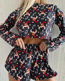 GETADME Women's Loungewear Two Piece Sets Elk Deer Stars Printed Long Sleeve Crew Neck Top and Loose Shorts Christmas Party Outfits