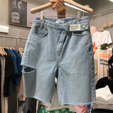 GETADME Large Size Hole Denim Shorts 2025 New Summer Women's Chic Design High Waisted Five Point Fashion Casual Straight Leg Shorts Tide