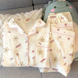 GETADME Young Girl Cherry Cartoon Pyjamas for Women Spring New Arrival Collar Cardigan Casual Comfortable Loose-Fit Homewear Set
