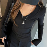 GETADME Autumn Winter New Chic V-Neck Bottoming Tops Women Korean Fashion Skinny Long Sleeve T-Shirt Thicken Warm Knitted Innerwear Tees