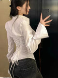 Getadme Sexy Bandage Shirts Women Flare Sleeve Lapel Slim Female T-Shirt 2024 Spring Summer High Street Fashion Single-breasted Lady Top