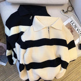 GETADME Lucyever Women's Turndown Collar Striped Sweater Vintage Loose Long Sleeve Knitwear Female Autumn Winter Warm Knitted Jumper Top