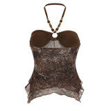 GETADME Fashion Retro Print Beading Halter Women Tanks Chic Trendy Sexy Slim Fit Spliced Summer New Blouses