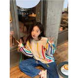 Getadme-Colorful Striped Oversize Lazy and Trendy Sweaters for Women in Autumn and Winter Tassel Knit Design Loose Fitting Couple Top