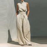 GETADME Sleeveless top+wide leg pants summer casual two-piece set elegant and loose office set high street pocket women's set