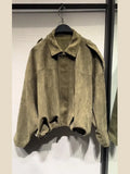 GETADME Vintage Suede Zipper Jacket Women Casual Oversized Lapel Green Long Sleeve Bomber Coats 2025 Spring Street Chic Outerwear Tops