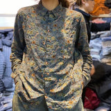 GETADME Cotton and Linen Spring New Artistic Retro Printed Shirts for Women Fashionable and Versatile Slimming Tops for Women