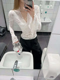 GETADME See Through Sexy T-Shirts Fashion Women Flare Long Sleeve Spring Summer Lace Beauty Crop Tops Casual Streetwear V-Neck Chic Tees