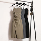 플러스 사이즈 여성 여름 니트 드레스 민소매 캐미솔 섹시 롱 스플릿 드레스 여성 선드레스 한국 의류 우아한 가운 2024