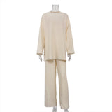 GETADME Early Spring Casual Solid Pants Sets Crew Collar Long Sleeve Split T-shirt+Elastic Straight Trousers Women's Baggy 2Pcs Suits