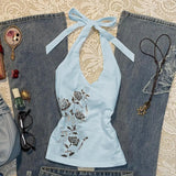 GETADME American Vintage Blue Rose Printed Camisole Vest for Women Summer Spicy Girl Slim Waist Streetwear Halter Top Y2k Aesthetic Vest