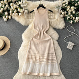 GETADME Fashion Patchwork Knitted Long Sundress Women Sleeveless Mesh Elastic Bodycon Dress 2025 Streetwear A Line Midi Dress