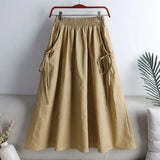 GETADME 2025 Summer New Versatile Solid Color Medium-Length Drawstring Pocket Skirt Women's Fashionable Workwear Half-Length Skirt