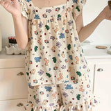 GETADME 올오버 카툰 프린트 라운지 세트 여성 여름 귀여운 러플 슬리브 스퀘어넥 탑 &amp; 반바지 귀여운 여성 여름 라운지웨어