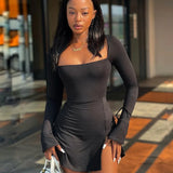 GETADME 여성 섹시 미니 드레스 솔리드 신상품 봄 패션 긴팔 레이스업 스플릿 바디콘 드레스 레이디 우아한 니트 드레스 의류