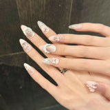 GETADME 10pcs Handmade Press on Nails French Cat Eye Pink Bow Decor Korean False Nails Wearable Full Cover Ins Almond False Nail Tips