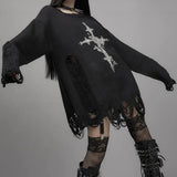 Getadme -Y2K Aesthetic Spring Long Sleeves Criss Cross Sweaters 00s Vintage Graphic Jumpers Gothic E-girl Ripped Pullovers Streetwear