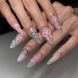 GETADME 24Pcs 3D Strawberry Rabbit Flower Fake Nails Press on Mid-length Almond Wearable False Nails Green Gradient Pearl Manicure Tips