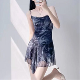 GETADME Women Print Mesh Mini Dress Streetwear Chic Sexy Backless Sleeveless Lace Up Cross Dresses A-line Vintage Holiday Y2k Clothing