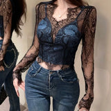 GETADME Vintage Simple V-neck Lace Hollow Out Blusas Mujer 2025 Summer New Slim Fit Shirts Women Y2k Grunge Mesh Long Sleeve Bluses