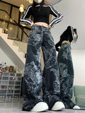 Getadme-Dragon pattern print design Vintage Y2K jeans women autumn and winter personalized graffiti straight wide leg pants Streetwear
