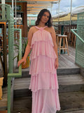 GETADME Chic Halter Pleated Women's Long Dress Flower Sleeveless Backless Cascading Ruffle Robe 2025 Summer Fashion Female Party Dresses