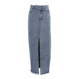 GETADME Long Skirt Women Vintage Denim Split Hip Skirts High Waist Button Stretch Washed Distressed A Line Female 2025 Streetwear
