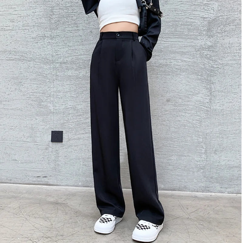Pantalon tailleur GETADME pour femme, taille haute, longueur au sol, blanc, coupe ample, jambes larges, idéal pour l'automne et l'hiver. Pantalon droit long pour femme, parfait pour le bureau.