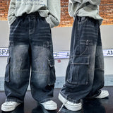 GETADME Boys Retro Jeans Spring Autumn New Teenager Children Fried Street Handsome Straight Loose Wide-leg Pants Kids Cargo Denim Jeans
