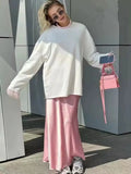 GETADME 2025 New Pink Midi Skirts Women Fashion Elastic Waist Black Skirt Autumn Casual High Waist Satin Long Skirt Women's Chic Skirts