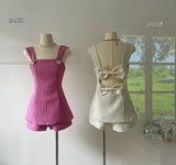 Summer New Korean Sexy Backless Bow Cute Solid Color Camisole Women + High Waist Casual All Match Shorts Two-piece Suit