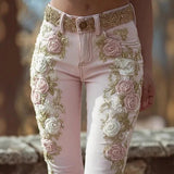 GETADME Spring Autumn New Women's High Waist Rose Embroidery Beaded Denim Pants Versatile Comfortable Casual Trendy Commuting Daily Wear