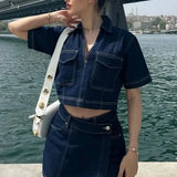 GETADME Faionable Denim Set ort Sve V-Ne Top High Waist Skirt Pants Women Summer Workwear Asymmetric Sle for Young Women