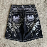 GETADME American Washed Ecko Denim Shorts Mens Hip-hop Rock Street Fashion Pattern Straight Pants Harajuku Trend Wide Pants