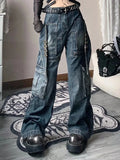 Getadme-American New Spice Girl Plus Size Retro Washing Jean Y2K Street Fashion Retro Big Pocket Design Straight Loose Wide-leg Trousers