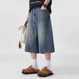 GETADME Men's Non-Elastic Denim Seven-Five Shorts Loose Wide Leg Fit Versatile Simple Style Casual Shorts